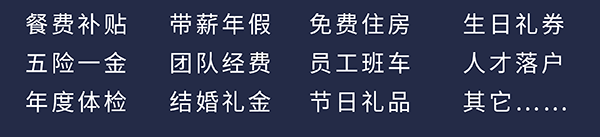 pp电子员工福利：餐费补贴、五险一金、年度体检、带薪年假、团队经费、结婚礼金、免费住房、员工班车、节日礼品、生日礼券、人才落户、其它……